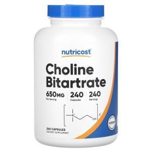 Холин битартрат, Choline Bitartrate, Nutricost, 650 мг, 240 капсул