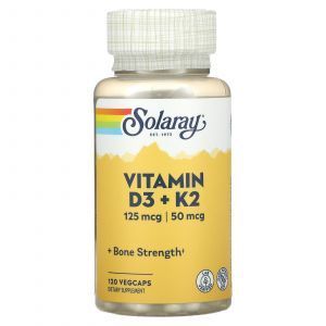 Витамины Д3 и К2, Vitamin D-3 + K-2, Solaray, без сои, 120 капсул
